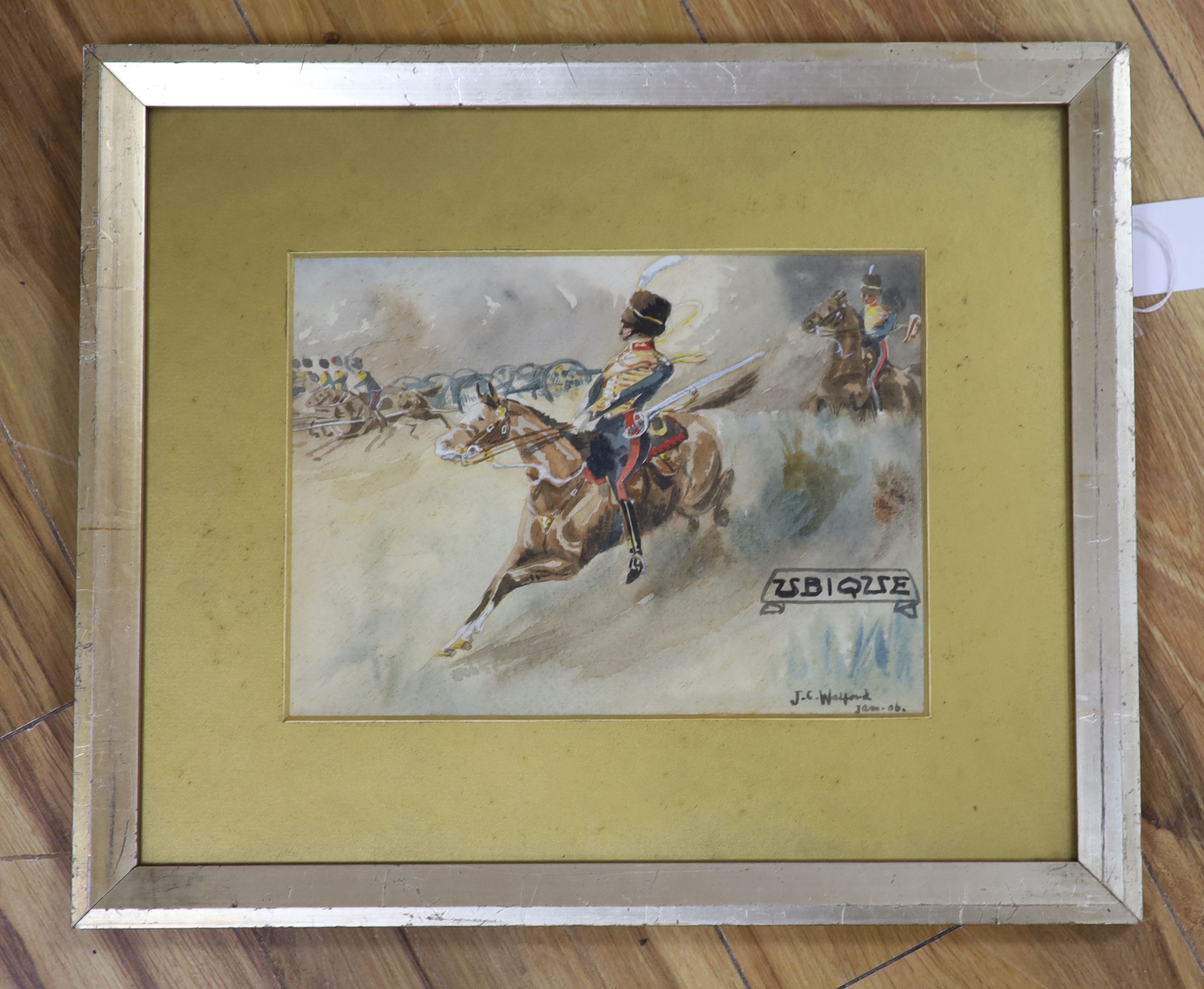 J.C. Walford, watercolour, 'Ubique', Cavalrymen charging, signed and dated '06, 18 x 25cm